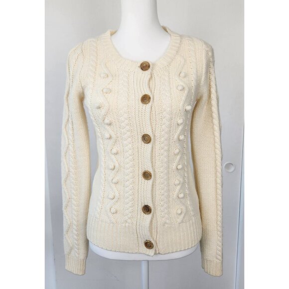 Aerie Wool Blend Women's Cable Knit Button Up Ivory Cardigan, Sm, Fisherman - Picture 2 of 8